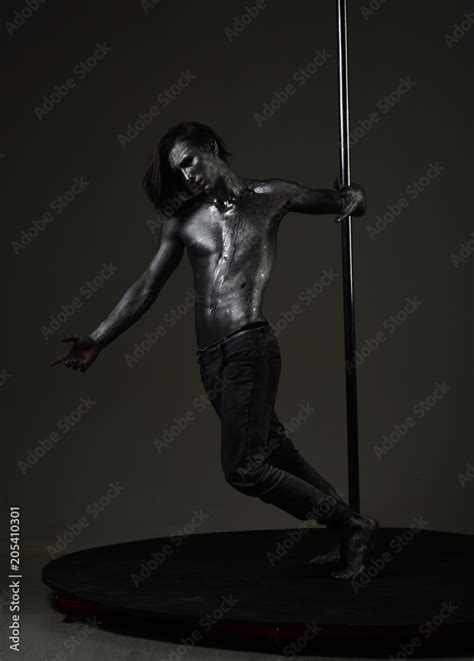 Man With Nude Torso Covered With Silver Paint Dark Background Stock Photo Adobe Stock