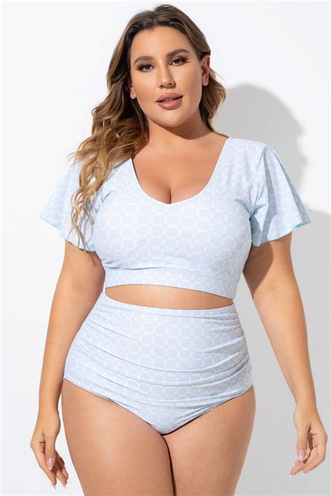Blue Geometric Pattern Bikini Top With Flutter Sleeve Meet Curve Meet Curve