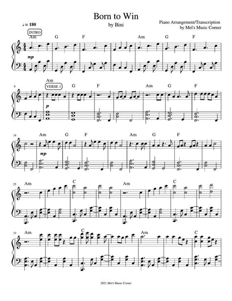 Bini Born To Win Piano Sheet Music 악보 By Mels Music Corner