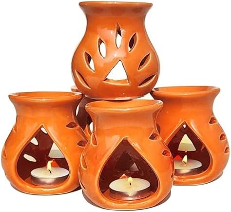 Pure Source India Ceramic Aroma Oil Burner Set Of Orange Inch