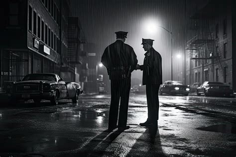 Two police officers shaking hands in a foggy city at night, policemen