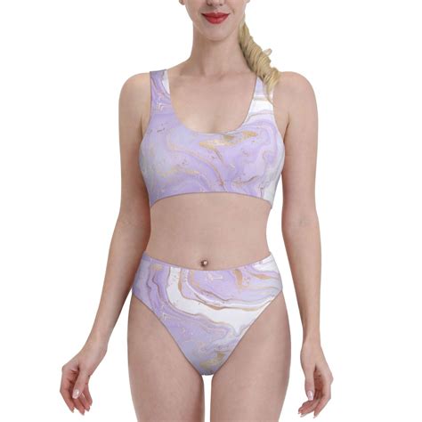 Lukts Women High Waisted Bikini Set Lavender Glitter Foil Stripes