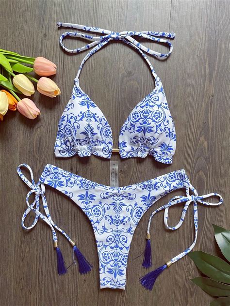 Ruotonsept Sexy Women Swimsuit Blue And White Print Bikini Set Triangle Bathing Suit Halter