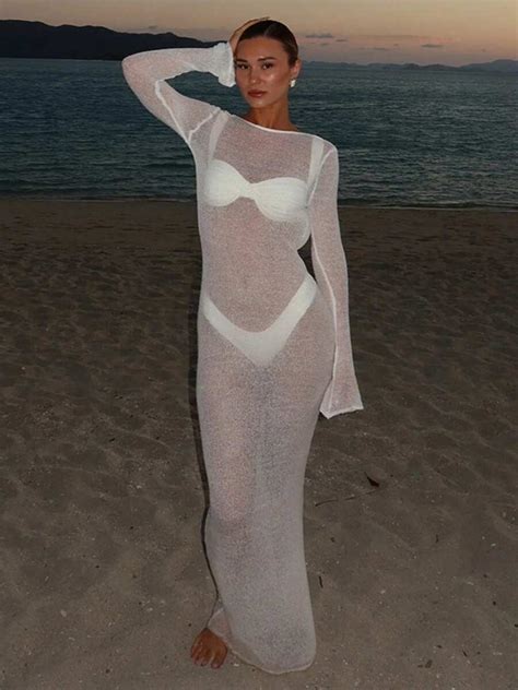 Women Crochet Knitted Long Sleeve Maxi Dress Sheer See Through Backless Swimsuit Bikini Cover Up