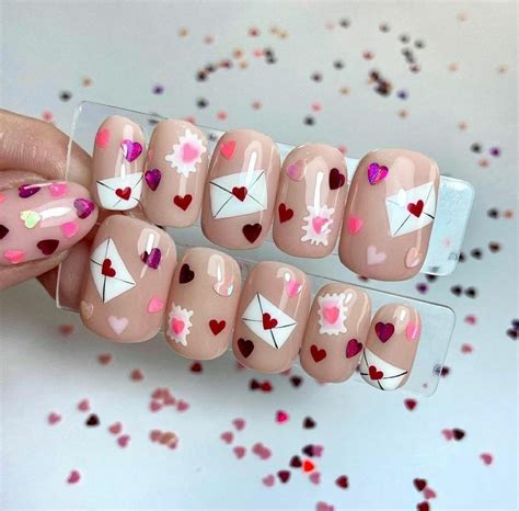 Nude Nails Valentine S Day Confetti Heart Valentine Nail Art Nail Designs Valentines Nail