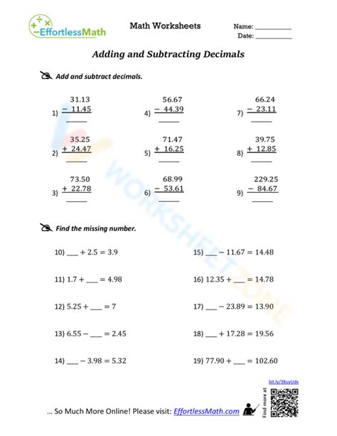 math worksheets  grade  adding  subtracting decimals