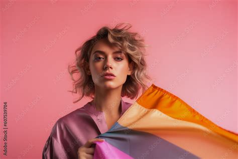 Expressive Generative AI Pride Photo Of Lesbian Woman With Rainbow Flag Patterns Inclusive
