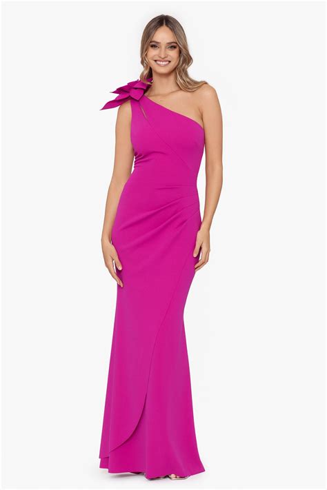 Xscape Long Scuba Ruched Flower 1 Shoulder Gown In Pink Lyst