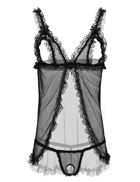 Mens Black See Through Fishnet Lace Lingerie Suit Sexy Elastic Shoulder Straps Open Cups Tops G