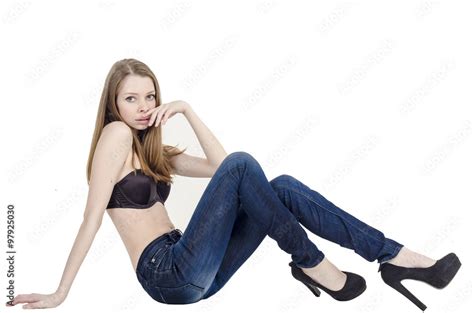 Slim Blonde Girl In Jeans And Bra Stock Photo Adobe Stock