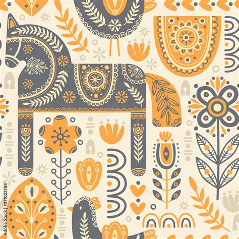 Seamless pattern in scandinavian style with horse and bird, tree ...