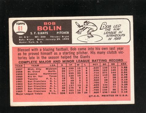 Bobby Bolin San Francisco Giants Topps Baseball Card Ebay