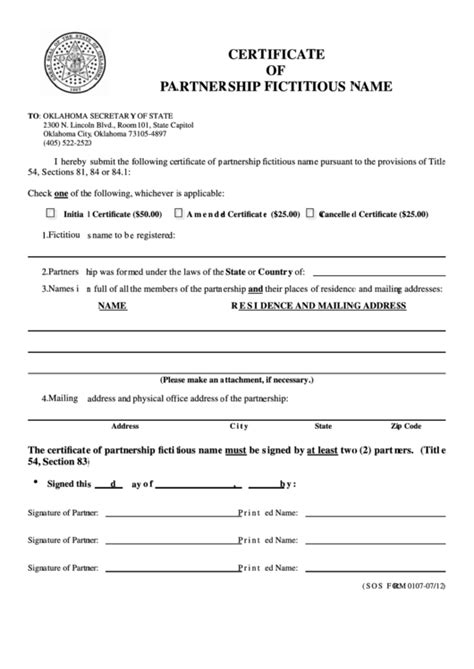 Fillable Sos Form 0107 Certificate Of Partnership Fictitious Name