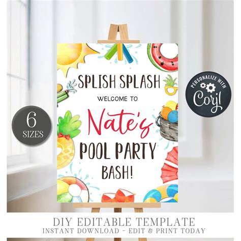 Editable Pool Party Birthday Welcome Sign Boy Pool Party Welcome