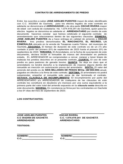 Contrato De Arrendamiento De Predio 2 Pdf Derecho Privado Consentimiento