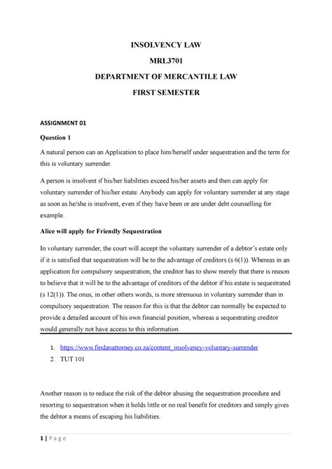 MRL 3701 Ass 1 Up Practice Materials For Exam INSOLVENCY LAW MRL