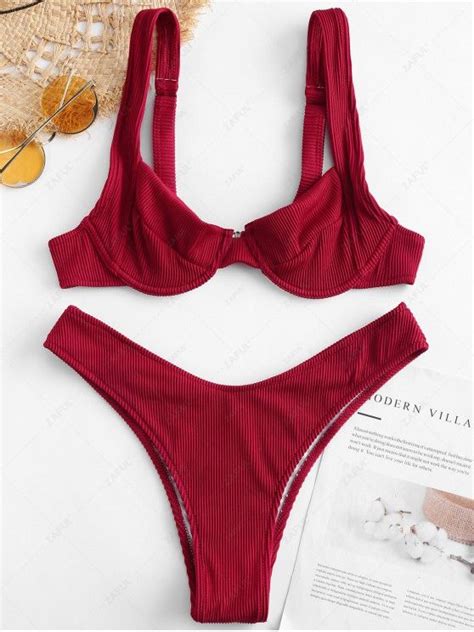OFF ZAFUL Textured Ribbed Underwire Bikini Set In RED WINE ZAFUL