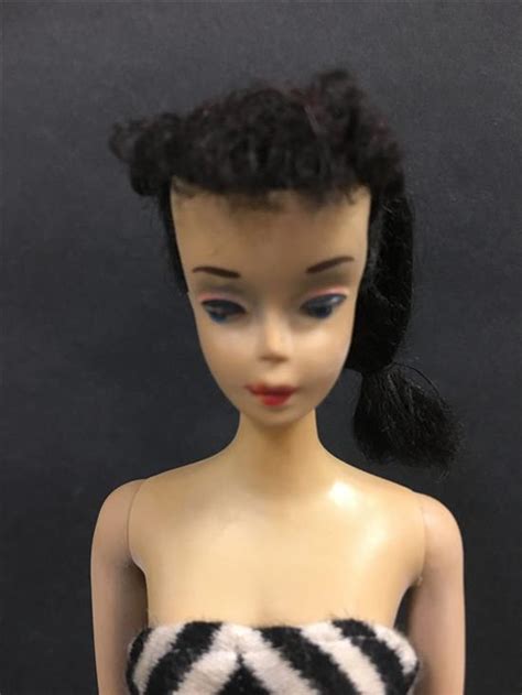 Lot No Brunette Ponytail Barbie Dressed In Black And White Striped Swimsuit Curly Bangs