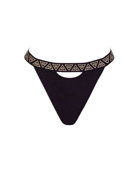 Black U Cut Out Thong Mid Rise Bikini Bottom With Branded Strap S Vivien Vance