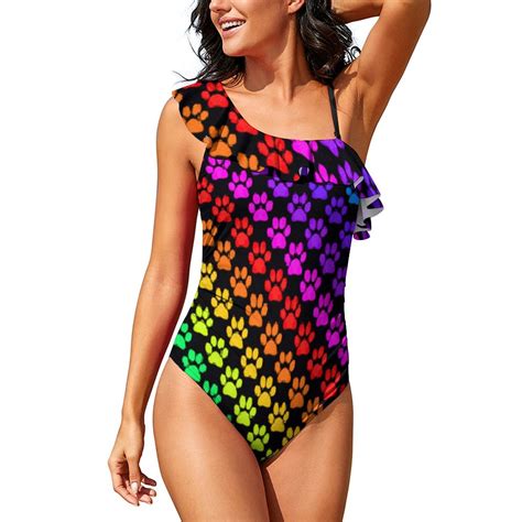 Rainbow Dog Paw One-Piece Swimsuit One Shoulder Ruffle Women Swimsuit