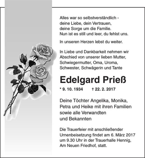 Traueranzeigen Von Edelgard Prie Trauer Anzeigen De