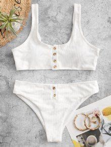 Padded Ribbed Texture Buttons Bikini Set In WHITE ZAFUL 2024
