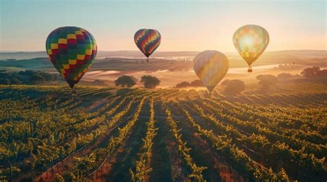 Premium Photo Colorful Hot Air Balloons Floating Over Vineyards At Sunset