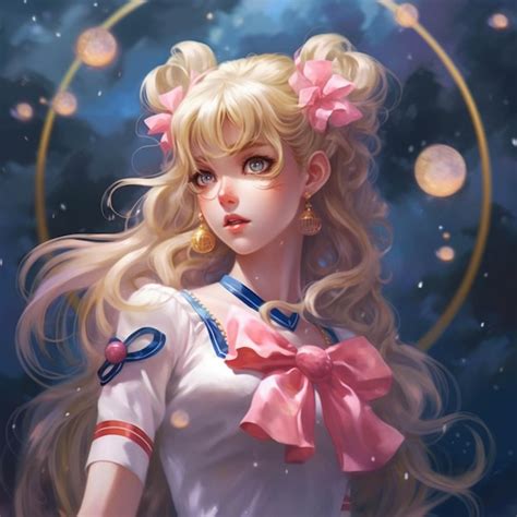 Premium AI Image Sailor Girl With Long Blonde Hair And Pink Bow In Front Of A Starr Sky