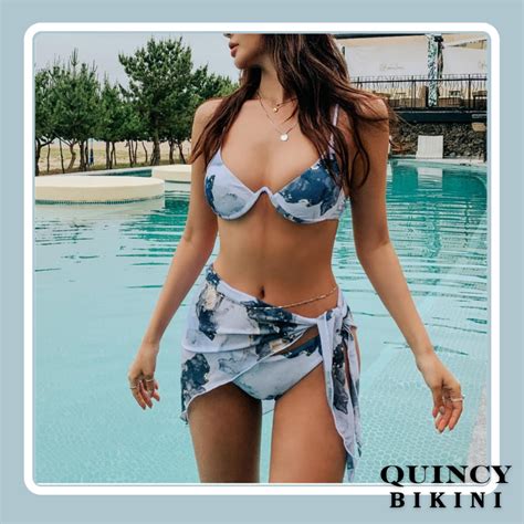 Jual QUINCY BIKINI 9054 Swimsuit 3 Set Bikini Swimwear Baju Renang Wanita Kawat Motif
