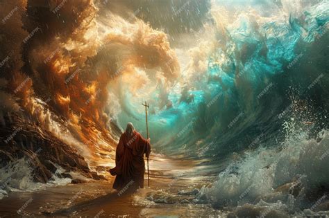 premium photo biblical moses splitting  red sea   staff
