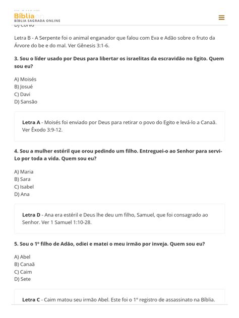 Quiz Perguntas E Respostas Bíblicas - Quiz Bíblico: Perguntas e Respostas | PDF | Gênesis (livro) | Livro do ...