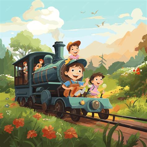 Children riding on the train in the park vector illustration | Premium
