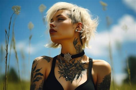 Premium Photo Tattooed Blonde Woman With Piercings In A Sunny Field