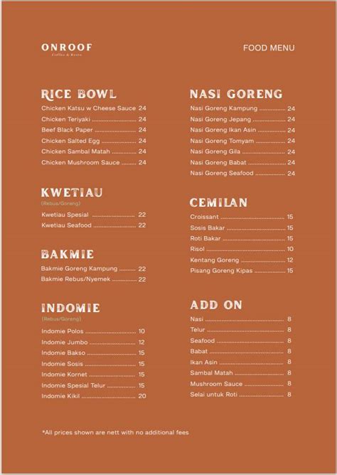 Menu At On Roof Cafe Central Jakarta