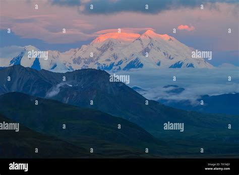 Sunrise View Of Mount Denali Mt Mckinley Peak With Red Alpenglow From