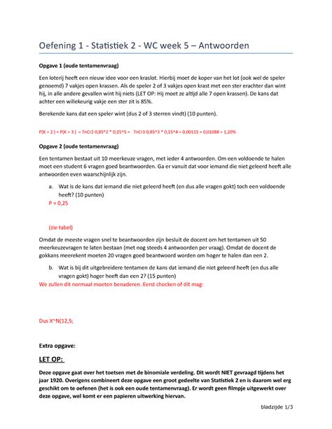 Oefening 1 Statistiek 2 WC Week 5 Antwoorden Oefening 1