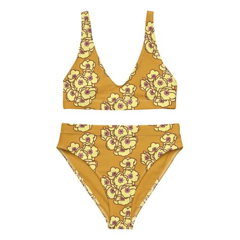 Bikini jaune à taille haute recyclé florale Etsy