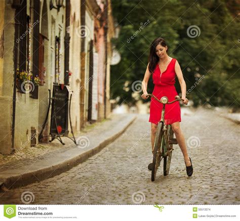 Beautiful Brunette Girl On A Vintage Bike Stock Photo Image Of Happy Beautiful