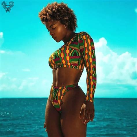 African Swimwear Thong Bikini Set Long Sleeve Swimsuit Women Pad