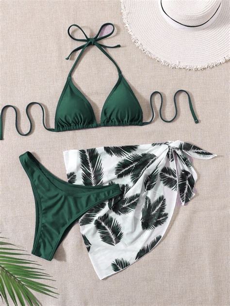 Leaf Print Bikini Set Halter Triangle Bra High Cut Bottom Cover Up Skirt 3 Piece Bathing