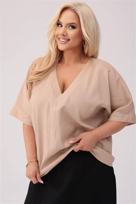 Kimonowa Lniana Bluzka Ines W Kolorze Nude PLUS SIZE OVERSIZE XXL Moda Size Plus Iwanek