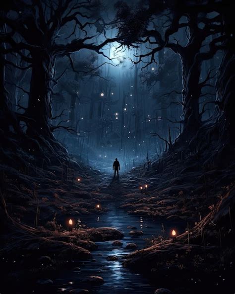 Premium AI Image | Lost alone in a dark haunted forest at night