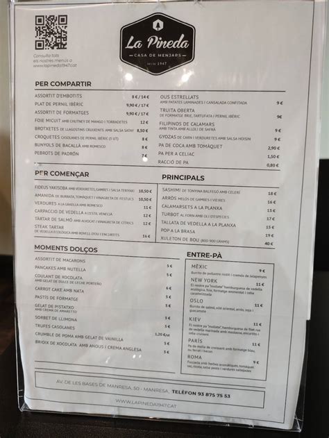 Carta de Restaurant La Pineda, Manresa