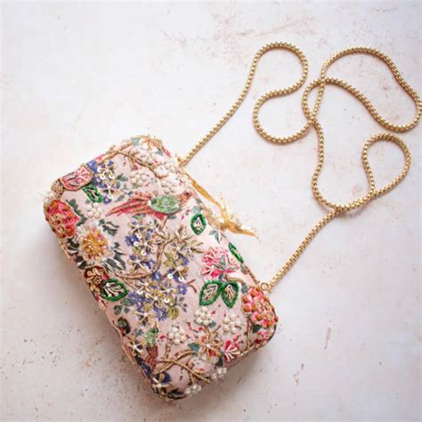 Mumbai Dreams Printed Nude Pink Bird Clasp Clutch By Atiya Choudhury