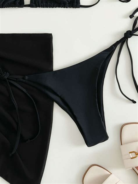 Shein Swim Summer Beach Solid Bikini Set Triangle Bra Thong Bottom Beach Skirt Piece