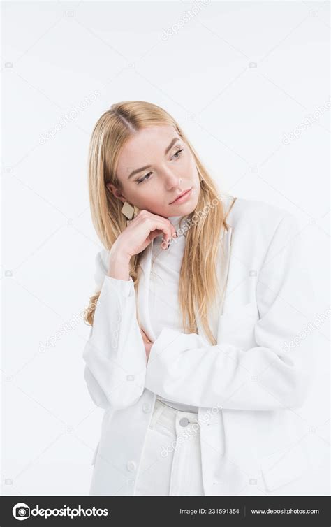 Pensive Attractive Caucasian Blonde Woman Fashionable White Clothes Looking Away Free Stock