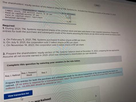 Solved The Shareholdersi Equity Section Of The Balance Sheet Chegg