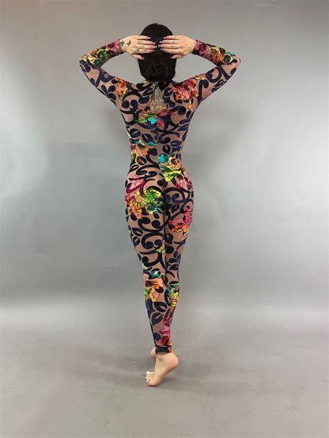 Multicolor Floral Catsuit Nude Burned Out Velvet Scoop Neck Long Sl Sheer Clothing Catsuit