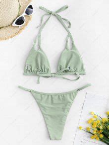 ZAFUL Halter Cut Out String Bikini Swimwear In LIGHT GREEN ZAFUL