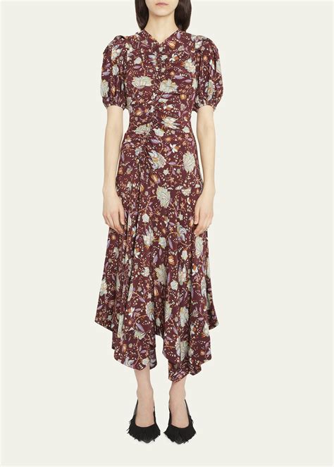 Ulla Johnson Heleen Puff Sleeve Floral Silk Asymmetric Midi Dress